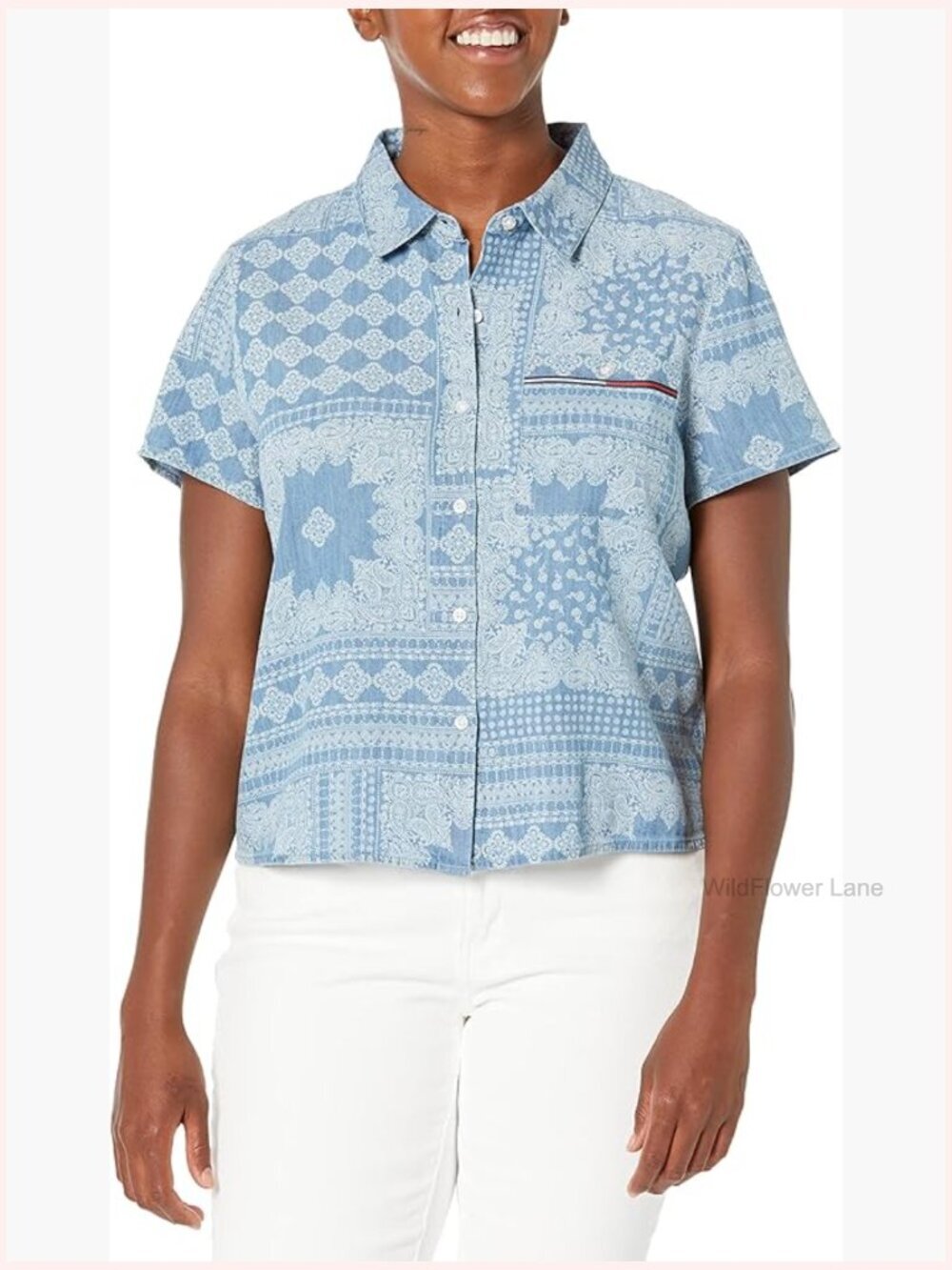 Women's Short Sleeve Button Down Chambray Shirt Cotton Blend